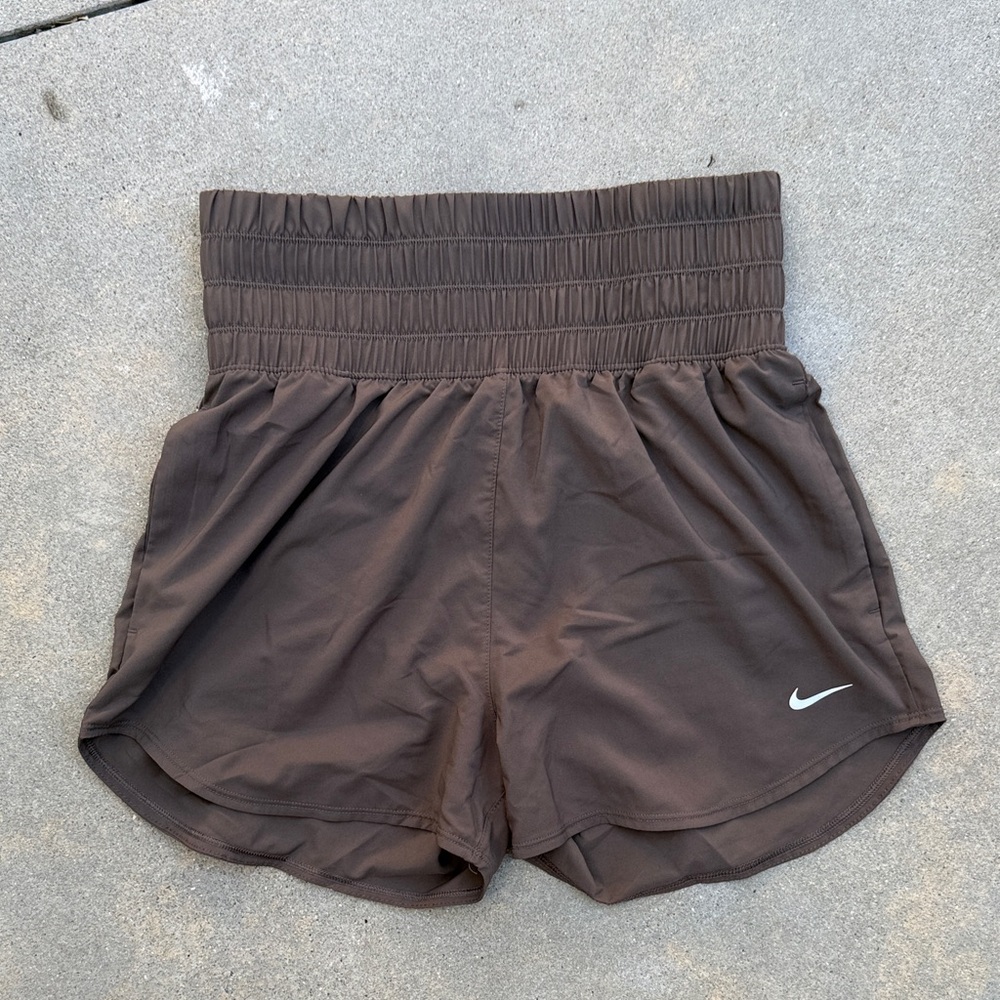 Nike Women's Smocked Waist Athletic Shorts in Brown with White Swoosh